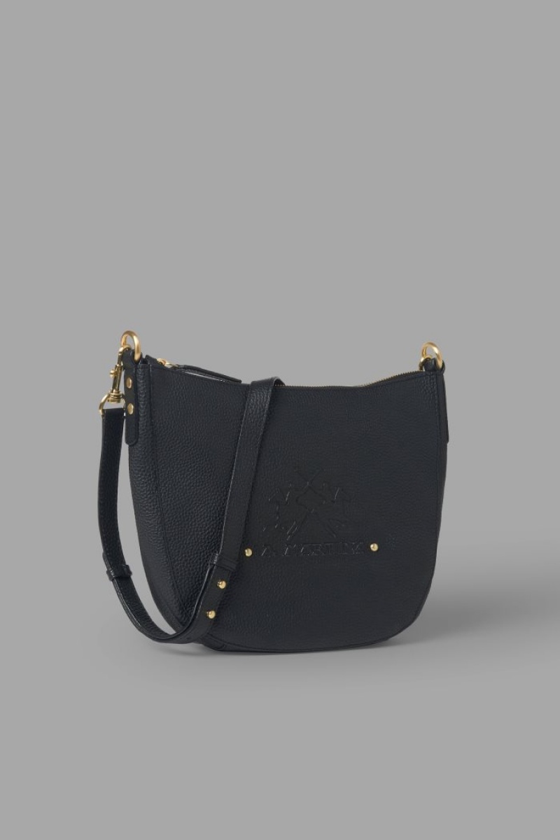 Női La Martina Bőr Crossbody Half-moon Táska Fekete Magyarország | OYU-2898