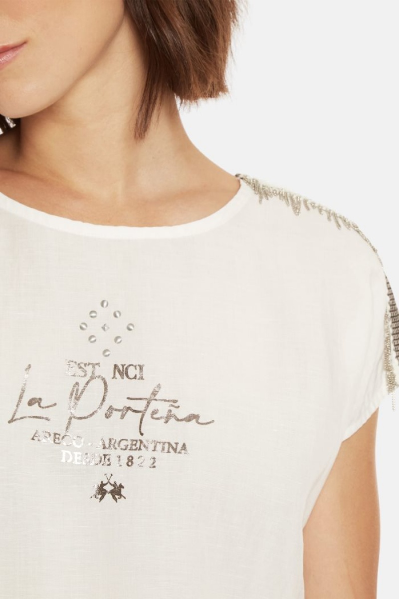 Női La Martina Regular-fit Linen-blend Póló Fehér Magyarország | KEY-3712